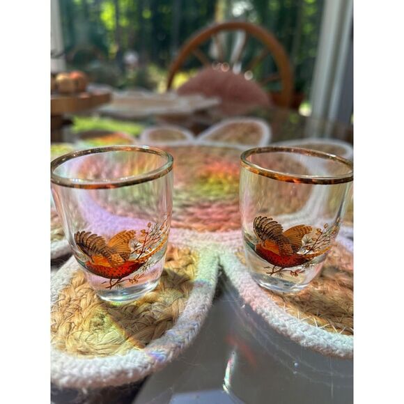 None Other - Gold Ring Neck Pheasant Shot Glasses Gold Rimmed Autumn Hunter Made in France